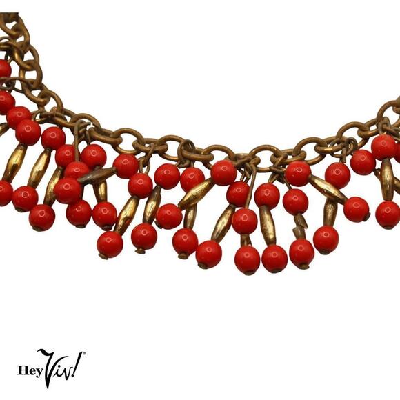 Vintage Charm Bracelet w Dangling Sets of Red and Gold Beads 7" Long - Hey Viv - Picture 3 of 6